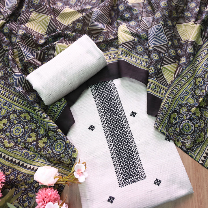 Aathiya Shell White with Black Thread Embroidered and Buti Work Cotton Suit Set