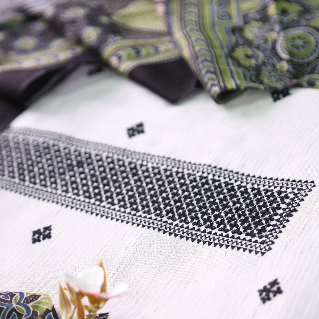 Aathiya Shell White with Black Thread Embroidered and Buti Work Cotton Suit Set