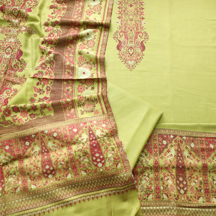 Darshani Leaf Green Thread with Zari Neck Work Semi Pashmina Winter Set
