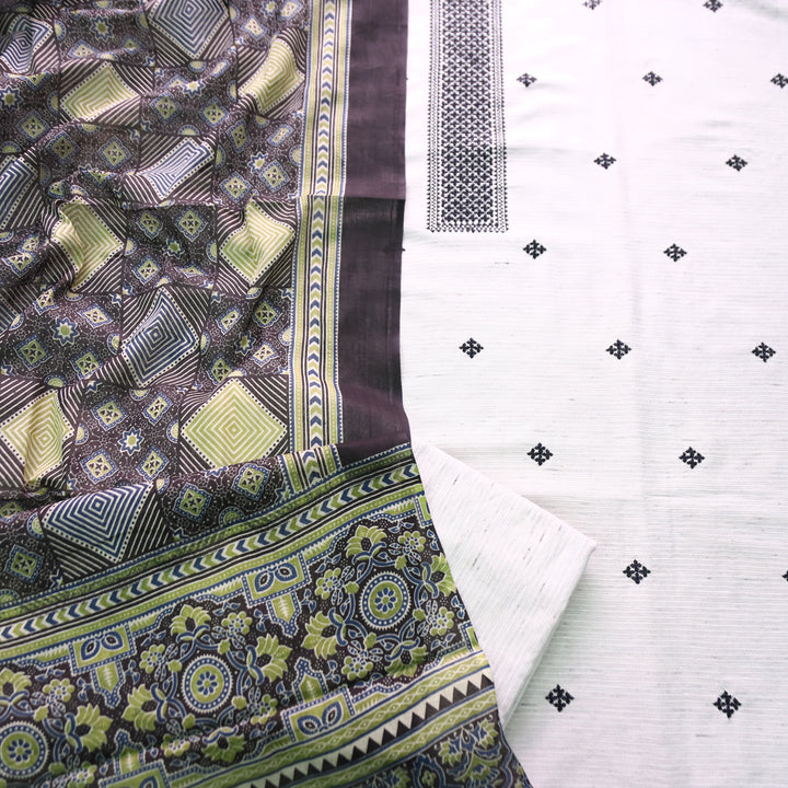 Aathiya Shell White with Black Thread Embroidered and Buti Work Cotton Suit Set