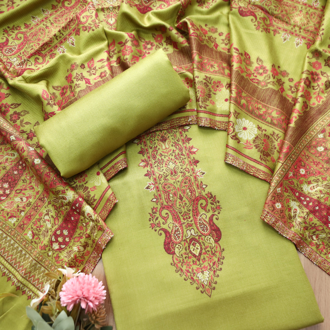 Darshani Leaf Green Thread with Zari Neck Work Semi Pashmina Winter Set