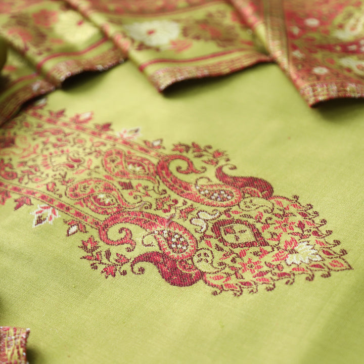 Darshani Leaf Green Thread with Zari Neck Work Semi Pashmina Winter Set