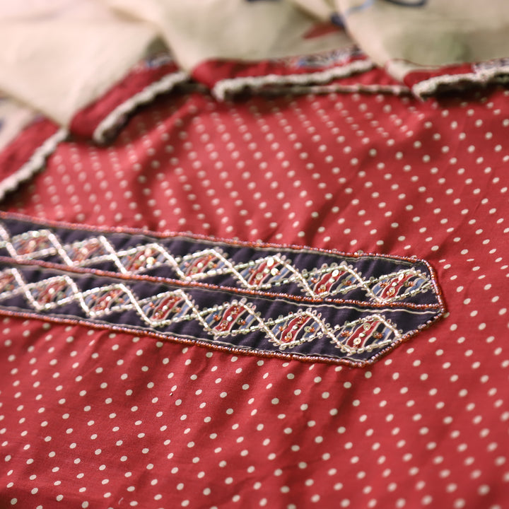 Sunaina Barn Red Kardana with Moti Work Panel with Polka Dot Print Cotton Set