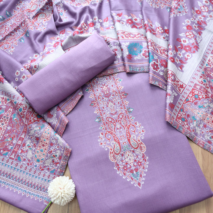 Darshani Lilly Lilac Thread with Zari Neck Work Semi Pashmina Winter Set