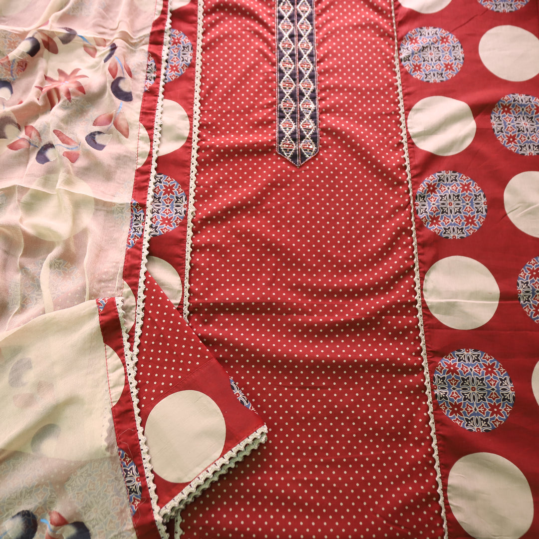 Sunaina Barn Red Kardana with Moti Work Panel with Polka Dot Print Cotton Set