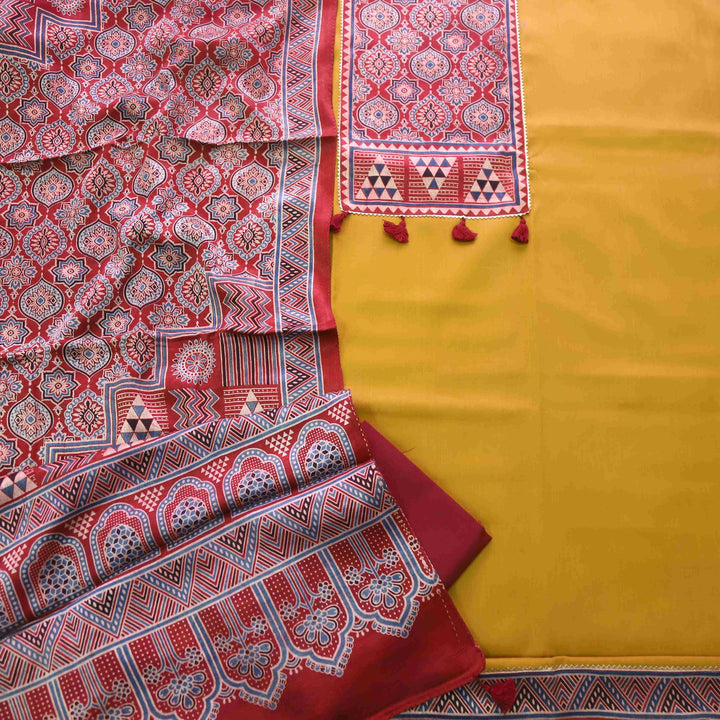 Zulfat Mustard Yellow Glazed Cotton Top and Printed Mashru Dupatta-D2