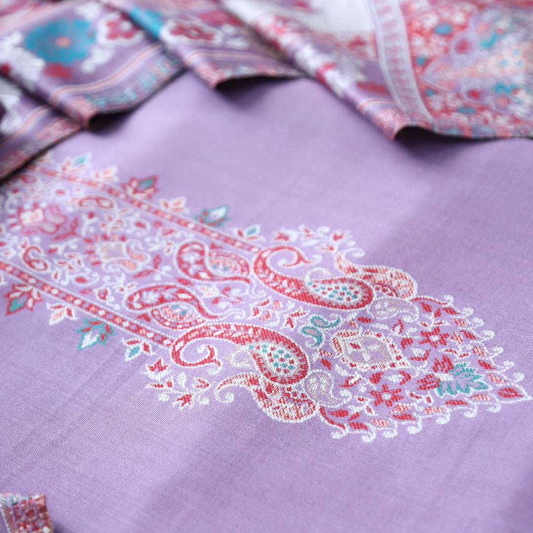 Darshani Lilly Lilac Thread with Zari Neck Work Semi Pashmina Winter Set