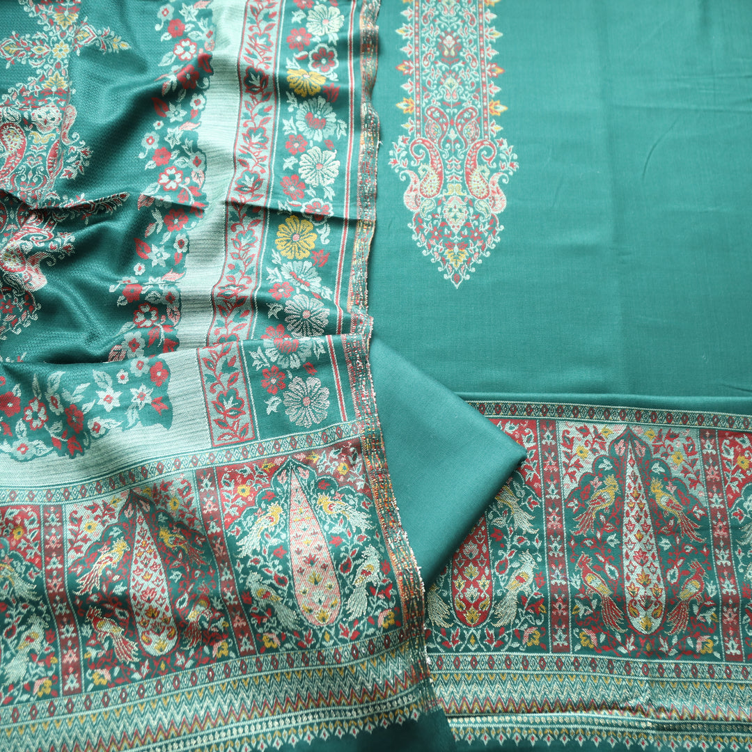 Darshani Dark Green Thread with Zari Neck Work Semi Pashmina Winter Set