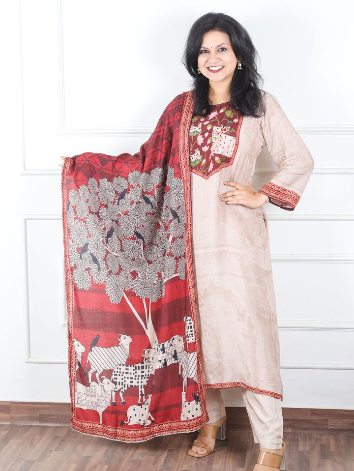 Bhoomika Hazel Beige Pichwai Print Yoke with Chain Style Zari Muslin 3 Piece Set