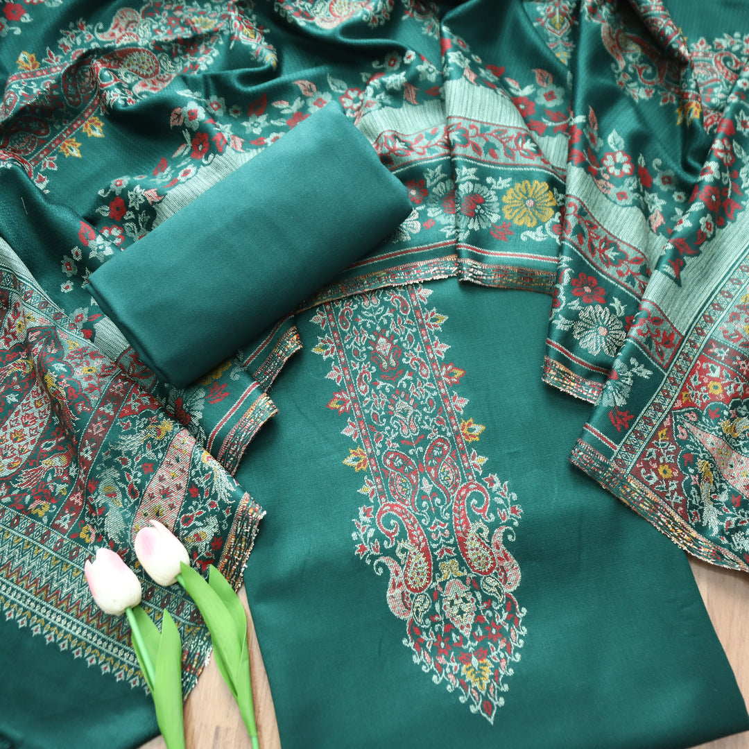 Darshani Dark Green Thread with Zari Neck Work Semi Pashmina Winter Set
