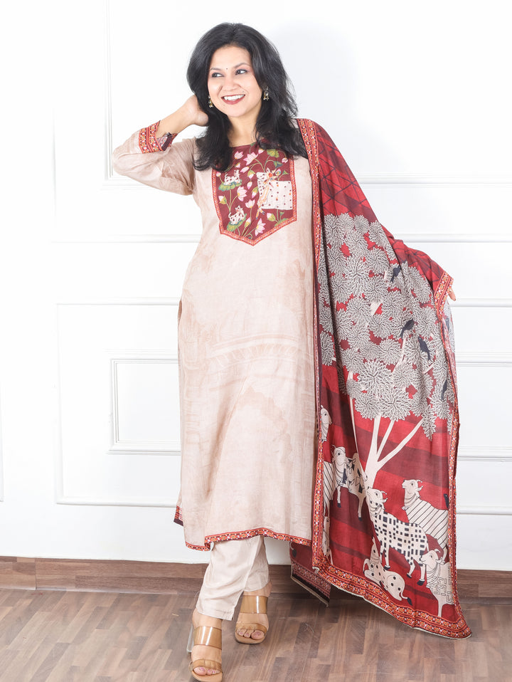 Bhoomika Hazel Beige Pichwai Print Yoke with Chain Style Zari Muslin 3 Piece Set