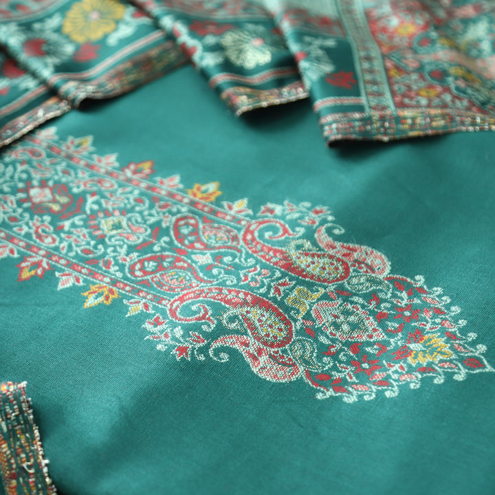 Darshani Dark Green Thread with Zari Neck Work Semi Pashmina Winter Set
