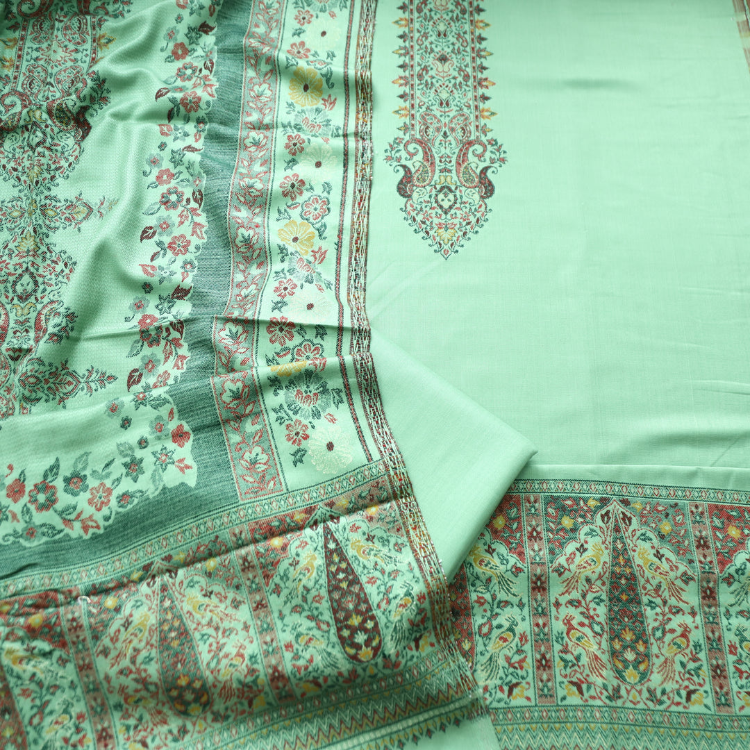 Darshani Mint Green Thread with Zari Neck Work Semi Pashmina Winter Set