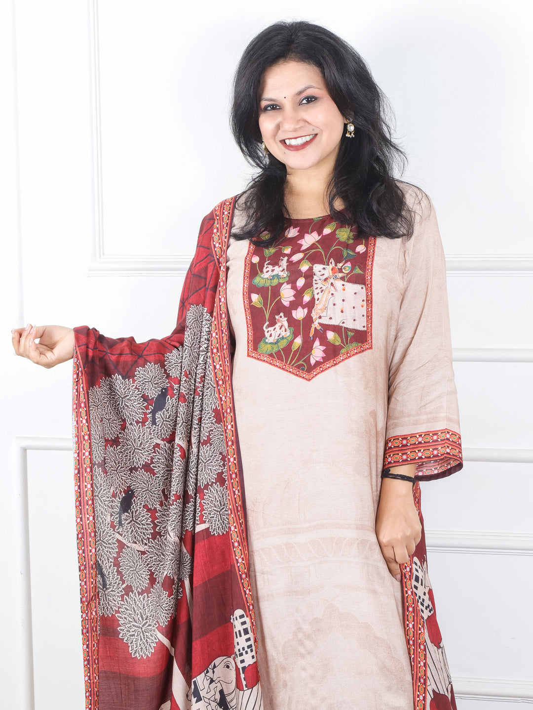 Bhoomika Hazel Beige Pichwai Print Yoke with Chain Style Zari Muslin 3 Piece Set