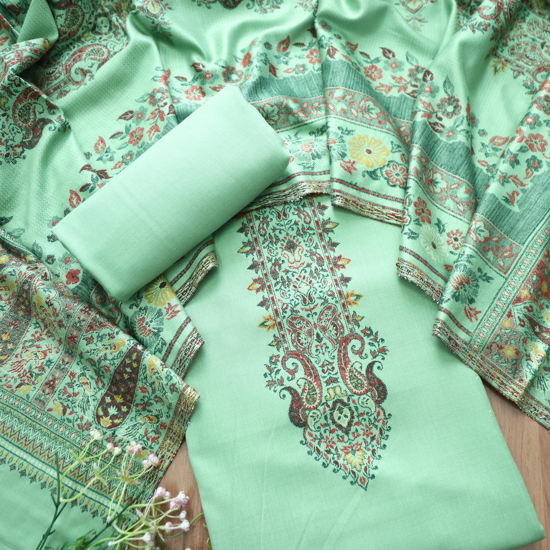 Darshani Mint Green Thread with Zari Neck Work Semi Pashmina Winter Set