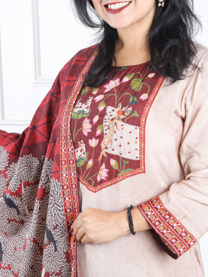 Bhoomika Hazel Beige Pichwai Print Yoke with Chain Style Zari Muslin 3 Piece Set