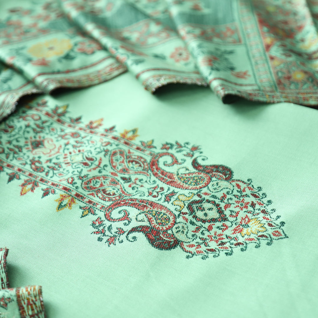 Darshani Mint Green Thread with Zari Neck Work Semi Pashmina Winter Set