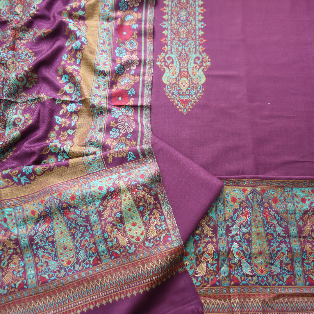 Darshani Jamuni Purple Thread with Zari Neck Work Semi Pashmina Winter Set