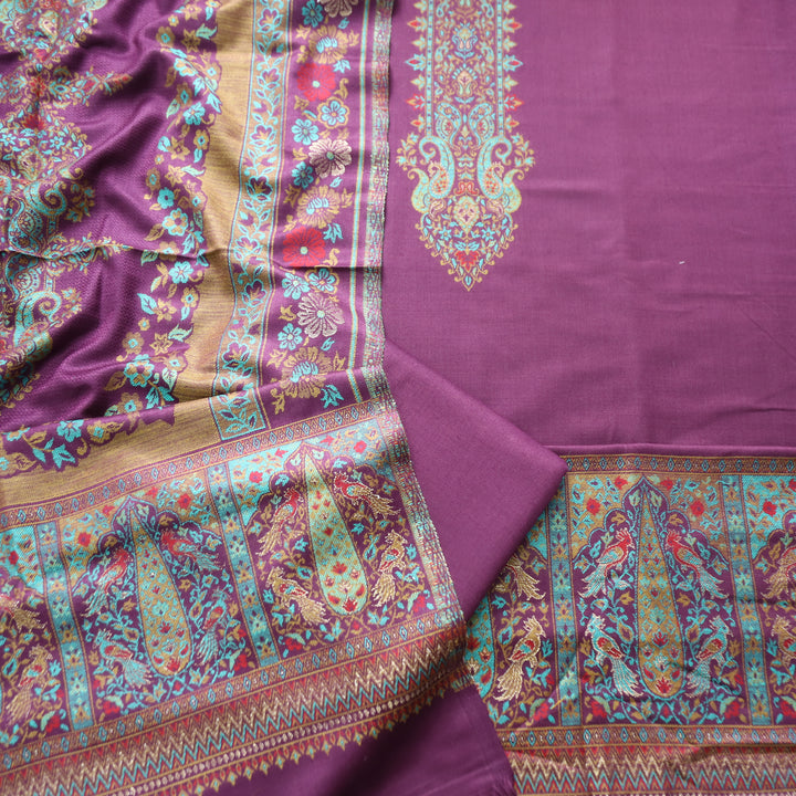 Darshani Jamuni Purple Thread with Zari Neck Work Semi Pashmina Winter Set