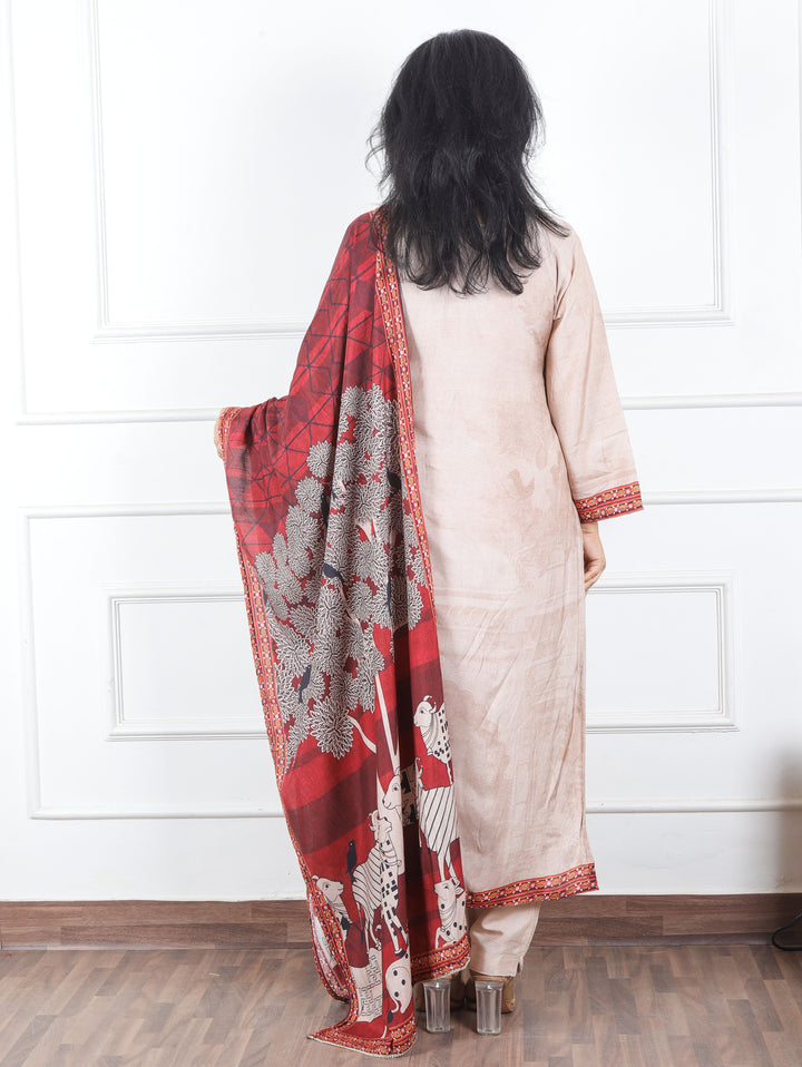 Bhoomika Hazel Beige Pichwai Print Yoke with Chain Style Zari Muslin 3 Piece Set