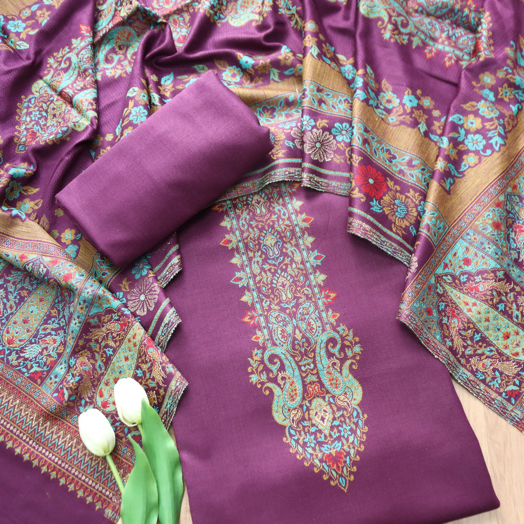 Darshani Jamuni Purple Thread with Zari Neck Work Semi Pashmina Winter Set