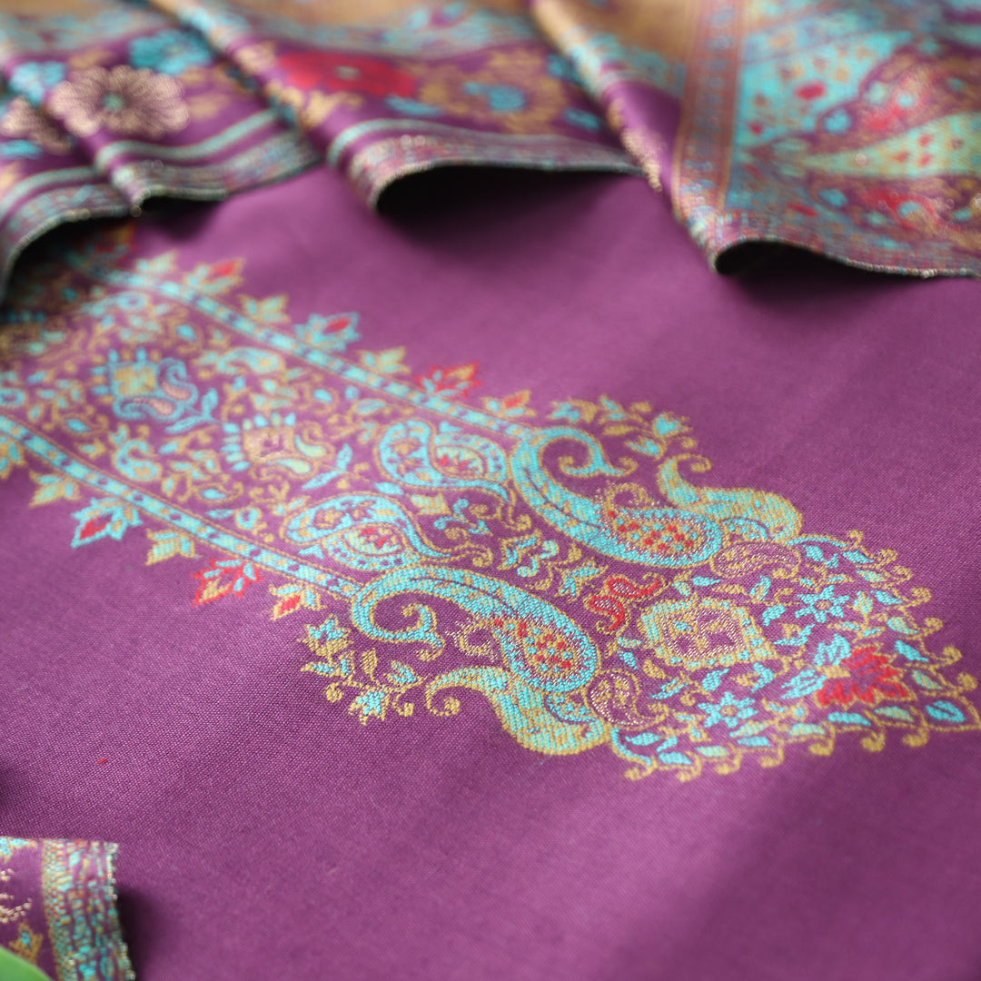 Darshani Jamuni Purple Thread with Zari Neck Work Semi Pashmina Winter Set