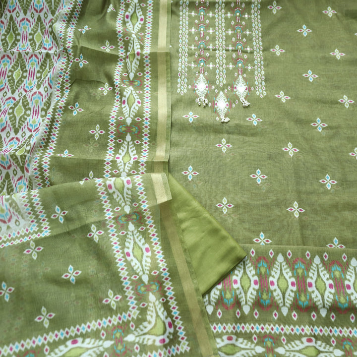 Sushmita Leaf Green with Mirror Work Ikkat Printed Mul Chanderi Set