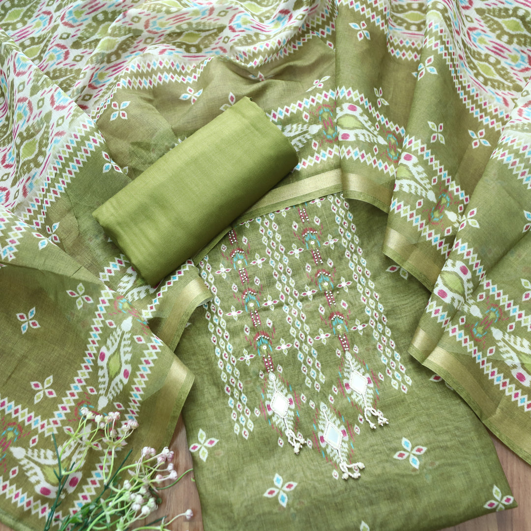 Sushmita Leaf Green with Mirror Work Ikkat Printed Mul Chanderi Set