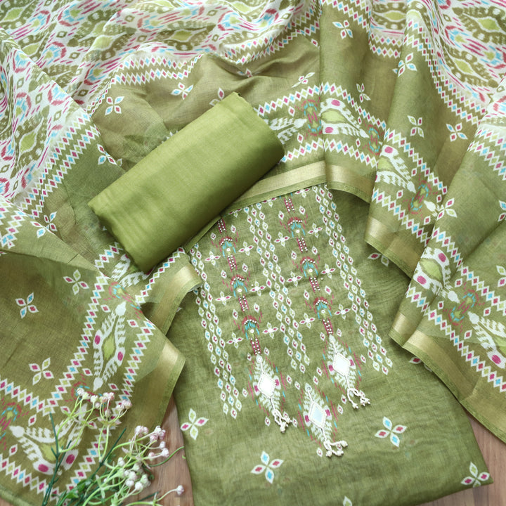 Sushmita Leaf Green with Mirror Work Ikkat Printed Mul Chanderi Set