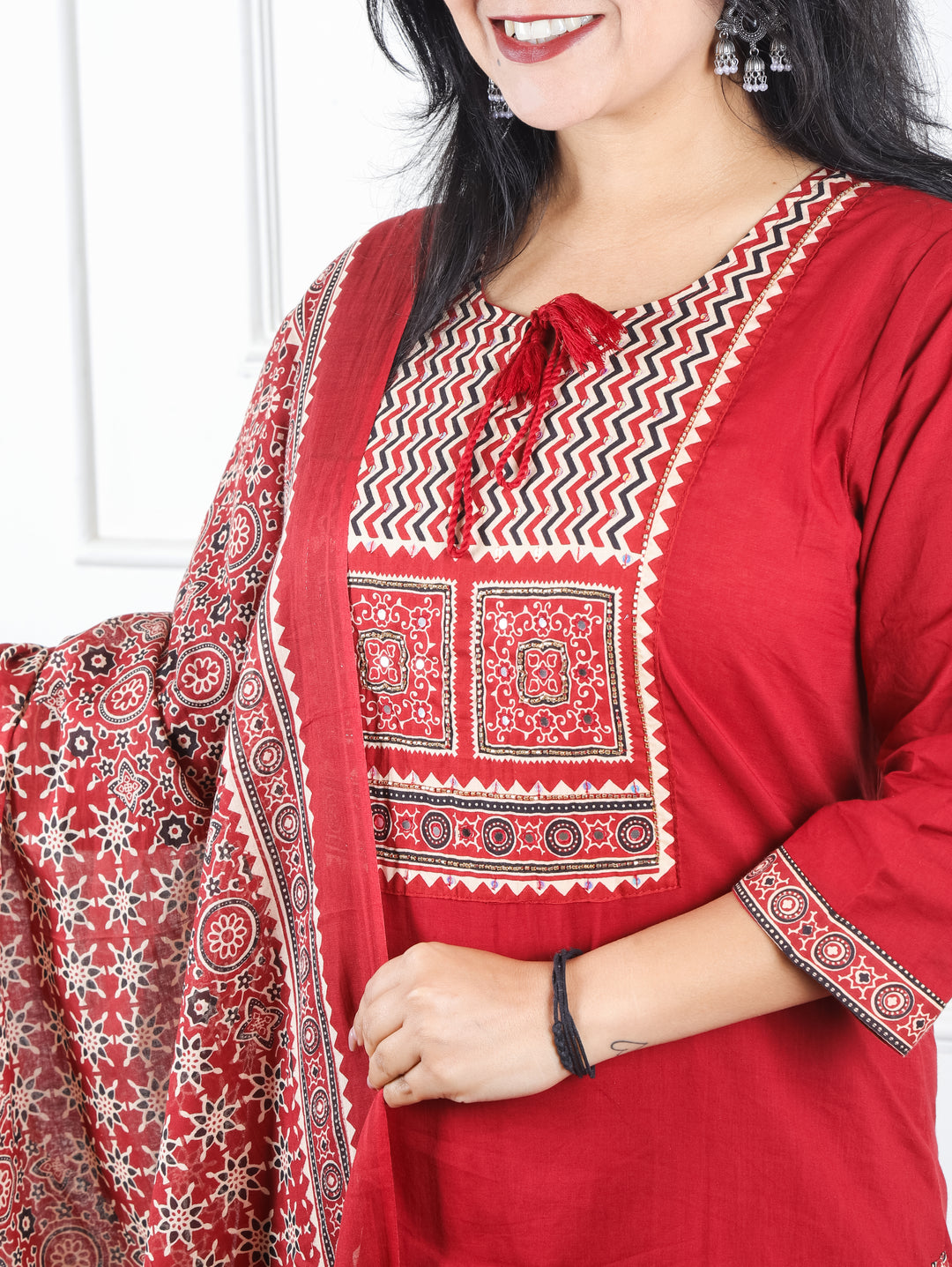 Sunaina Cherry Red Kardana and Patra Printed Yoke with Knot Cotton 3 Piece Set