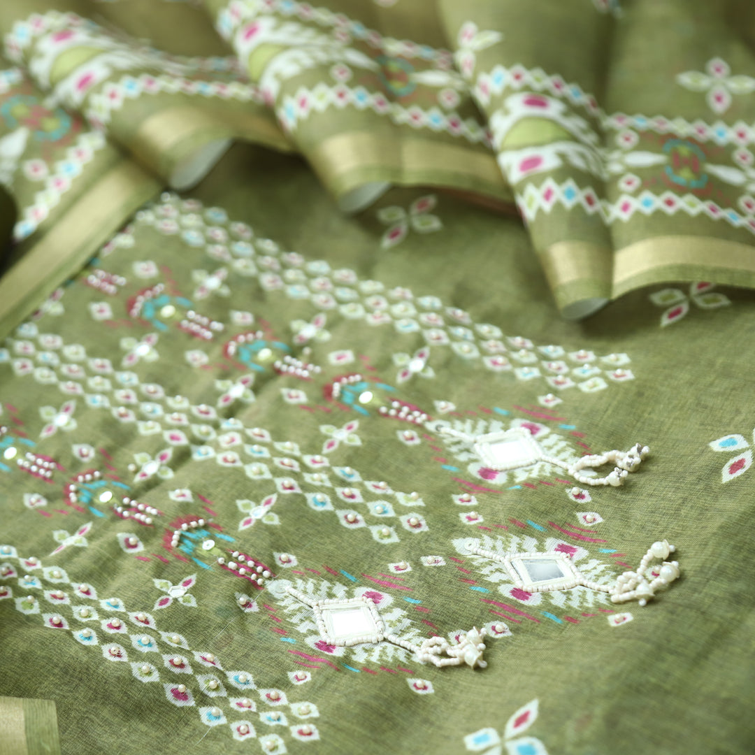 Sushmita Leaf Green with Mirror Work Ikkat Printed Mul Chanderi Set