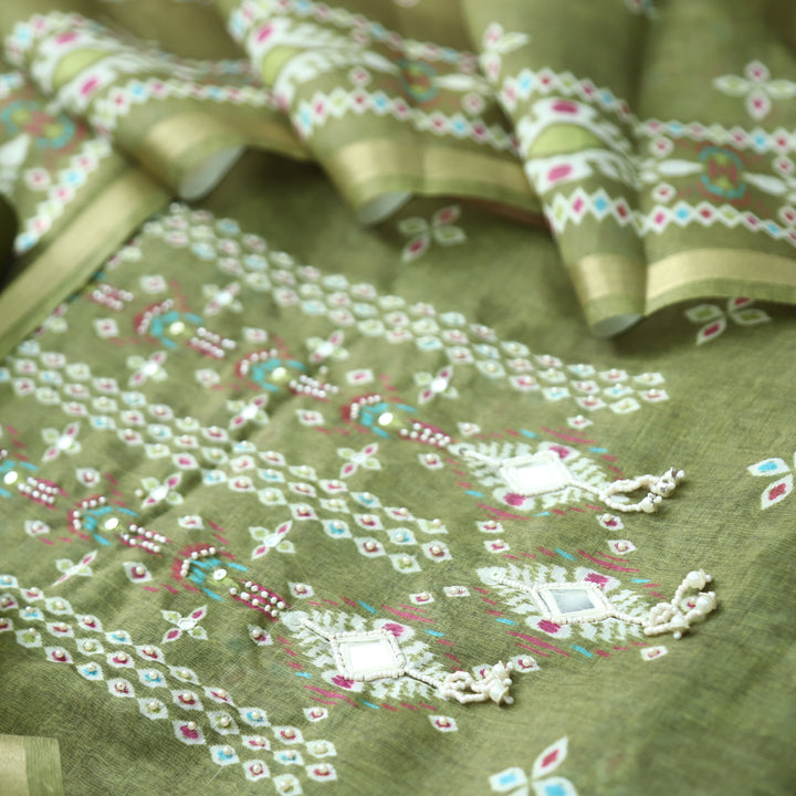 Sushmita Leaf Green with Mirror Work Ikkat Printed Mul Chanderi Set