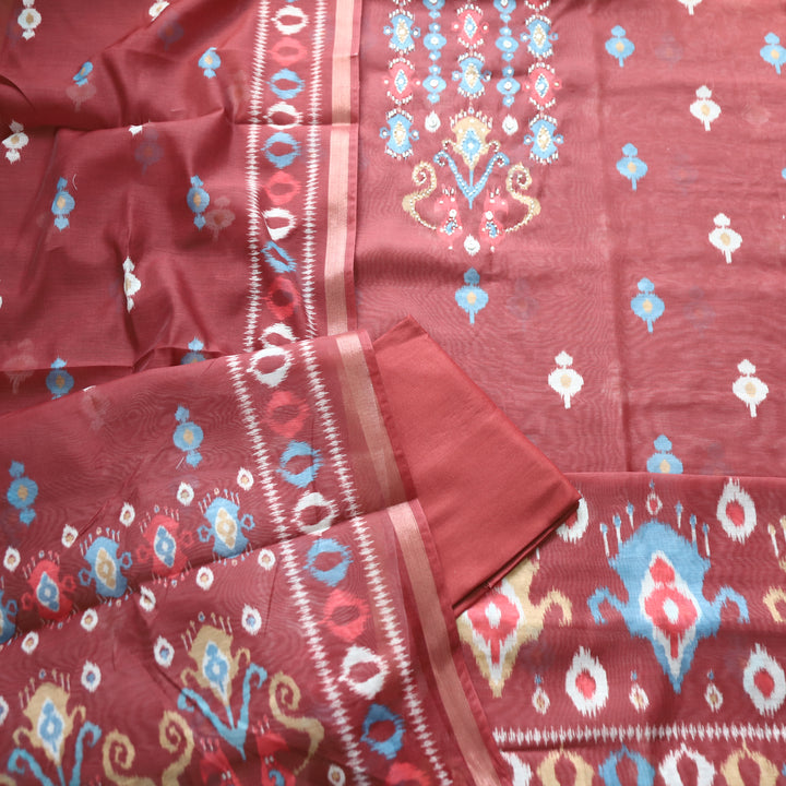 Sushmita Brick Mauve with Mirror Work Printed Mul Chanderi Set