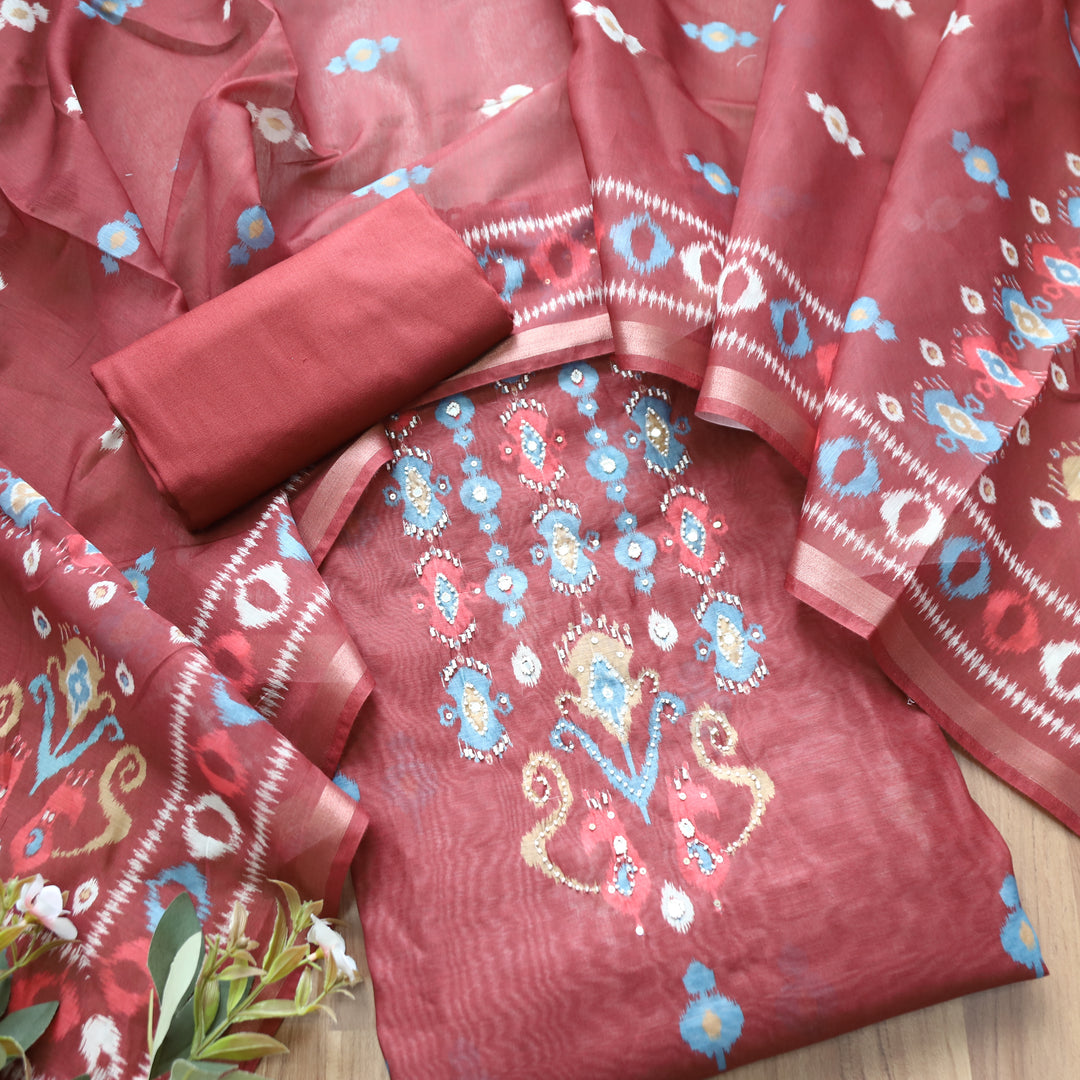 Sushmita Brick Mauve with Mirror Work Printed Mul Chanderi Set