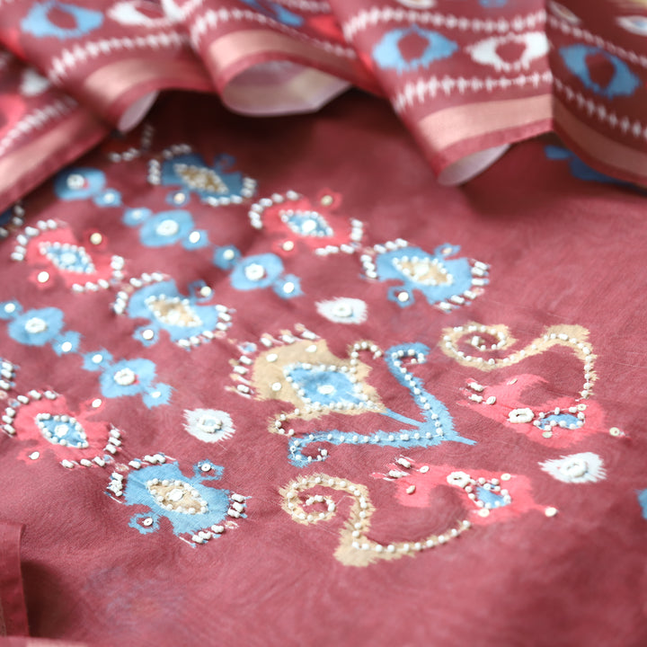 Sushmita Brick Mauve with Mirror Work Printed Mul Chanderi Set