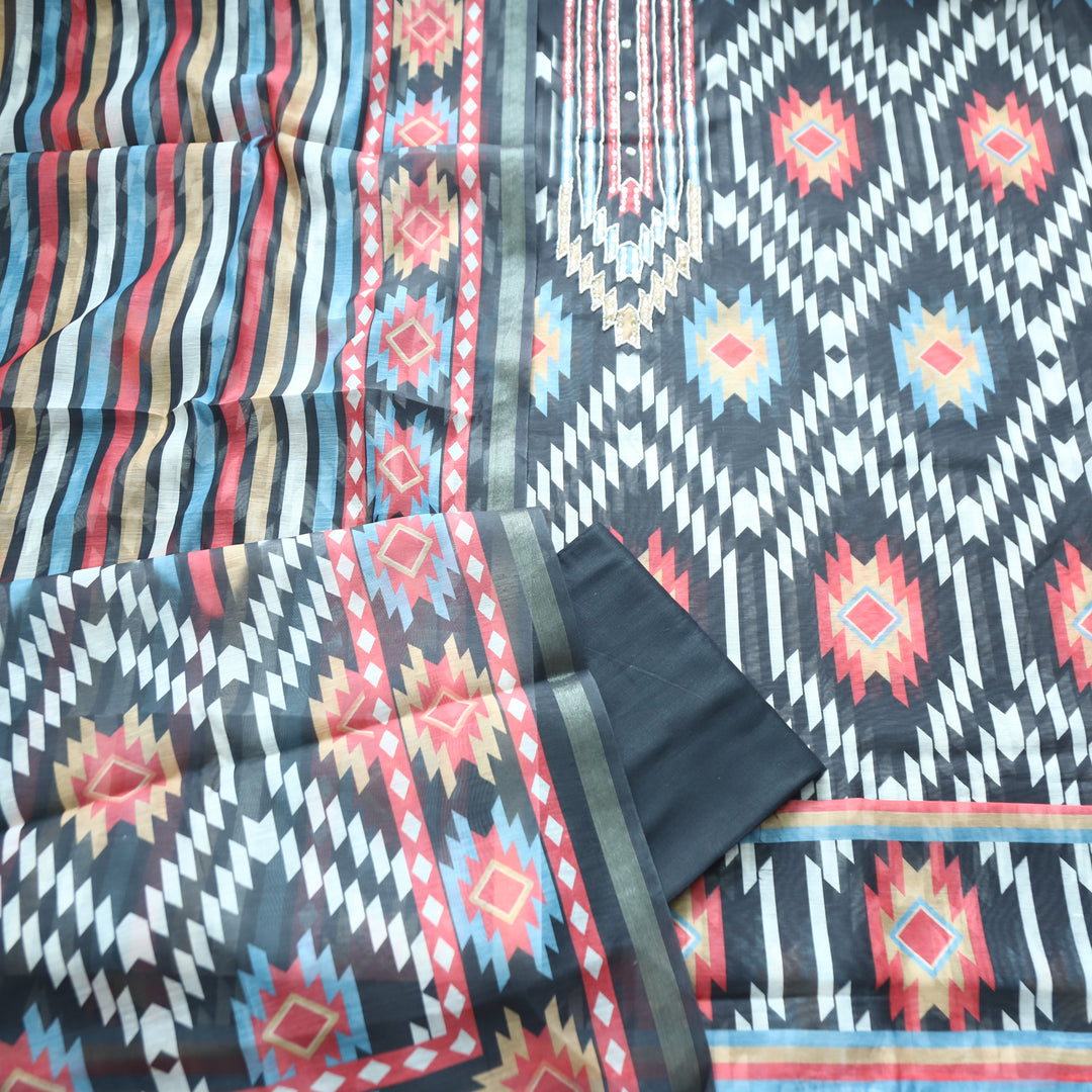 Sushmita Faded Black with Mirror Work Ikkat Printed Mul Chanderi Set