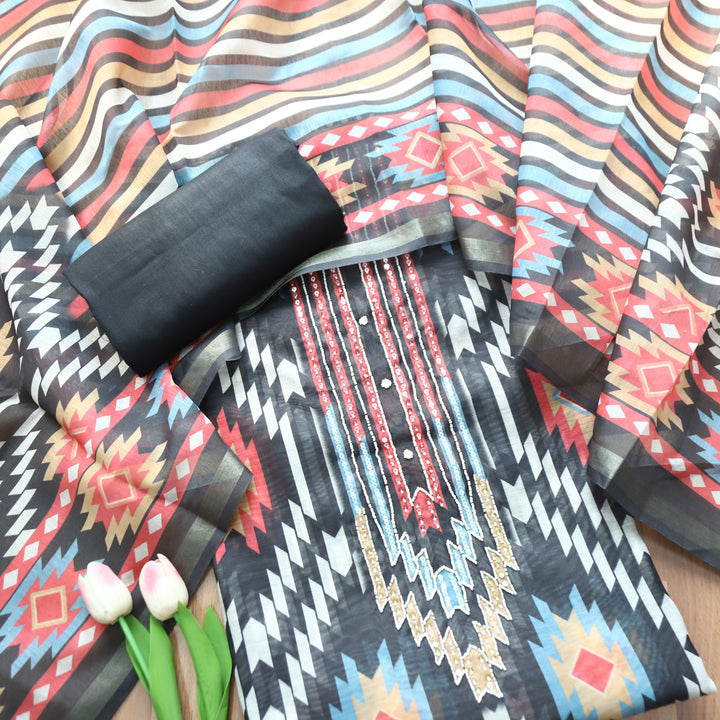 Sushmita Faded Black with Mirror Work Ikkat Printed Mul Chanderi Set
