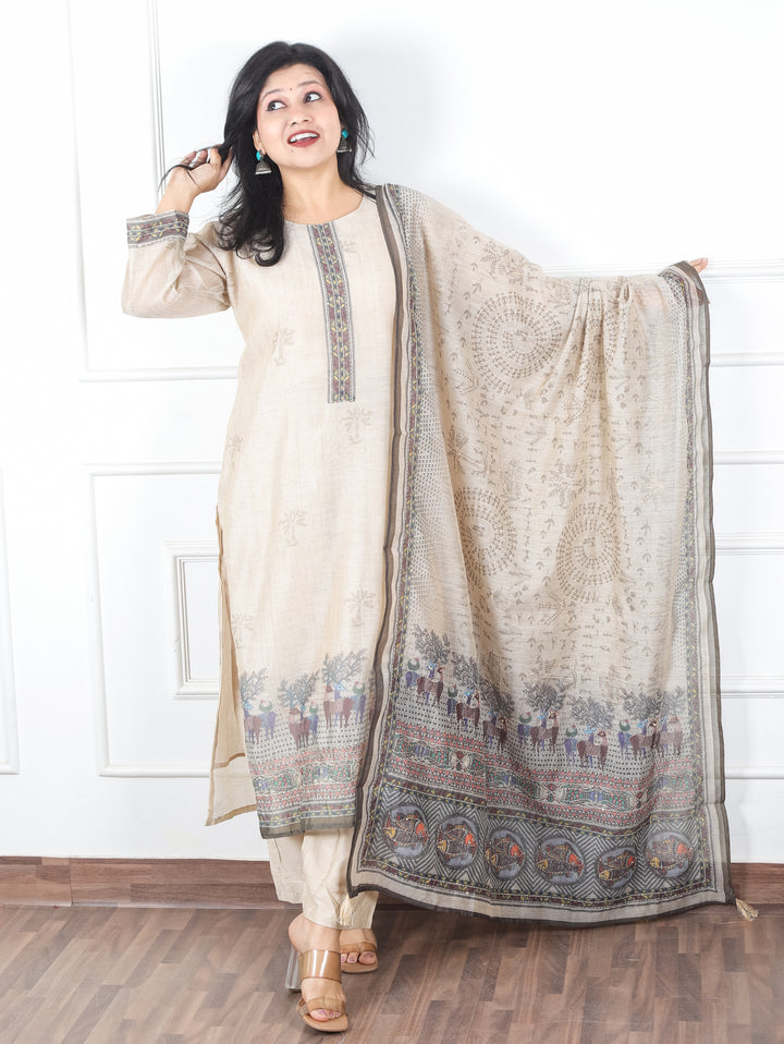 Kavish Sand Beige Kolkata Hand Kantha work Madhubani Printed Chanderi 3 Piece Set