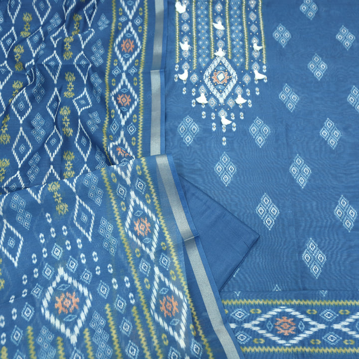 Sushmita Sapphire Blue with Mirror Work Printed Mul Chanderi Set