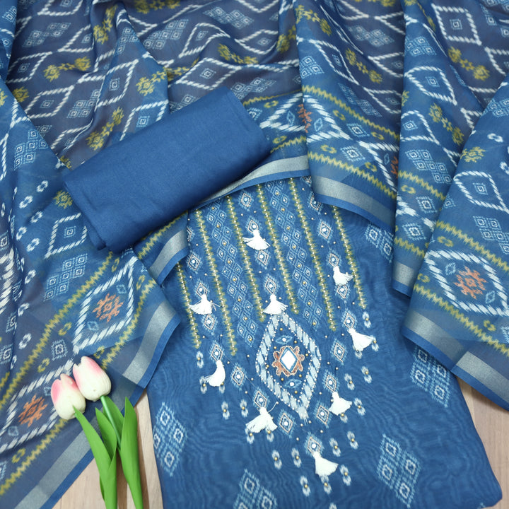 Sushmita Sapphire Blue with Mirror Work Printed Mul Chanderi Set