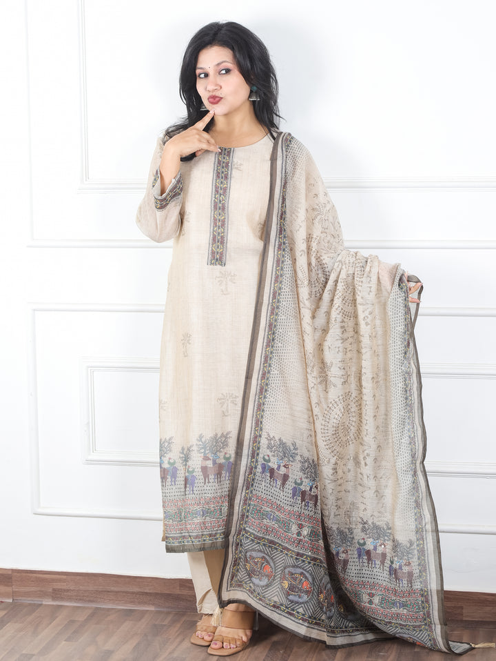 Kavish Sand Beige Kolkata Hand Kantha work Madhubani Printed Chanderi 3 Piece Set