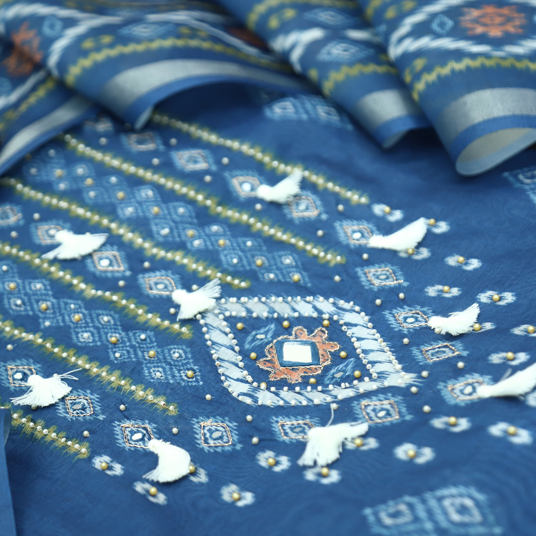 Sushmita Sapphire Blue with Mirror Work Printed Mul Chanderi Set