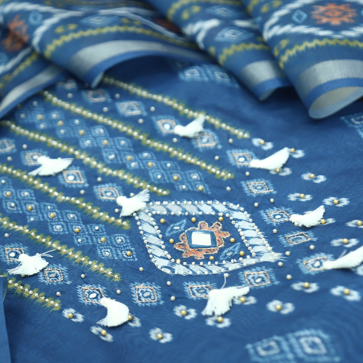 Sushmita Sapphire Blue with Mirror Work Printed Mul Chanderi Set