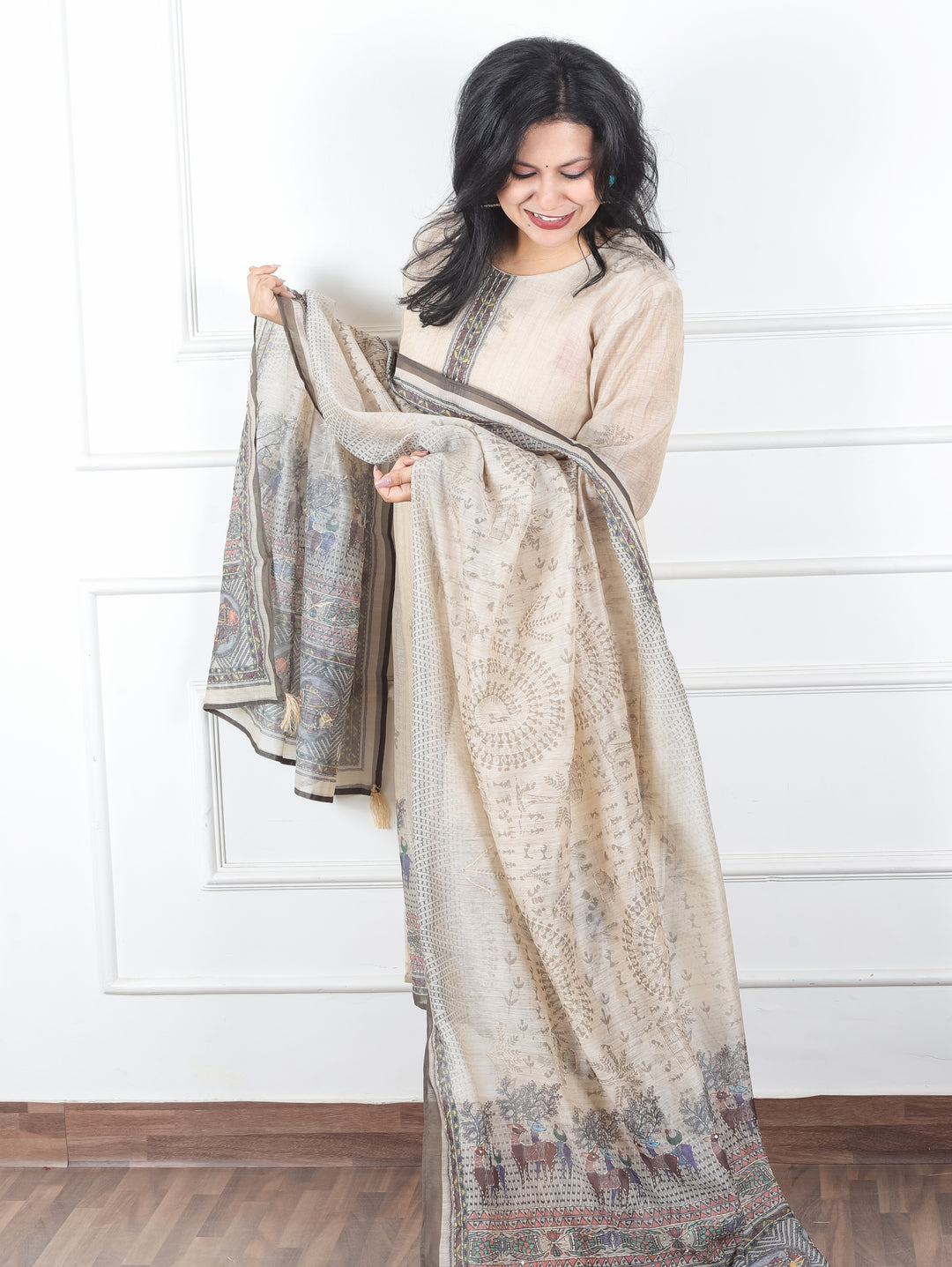 Kavish Sand Beige Kolkata Hand Kantha work Madhubani Printed Chanderi 3 Piece Set