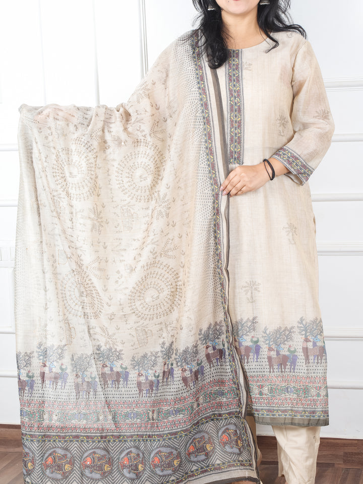 Kavish Sand Beige Kolkata Hand Kantha work Madhubani Printed Chanderi 3 Piece Set