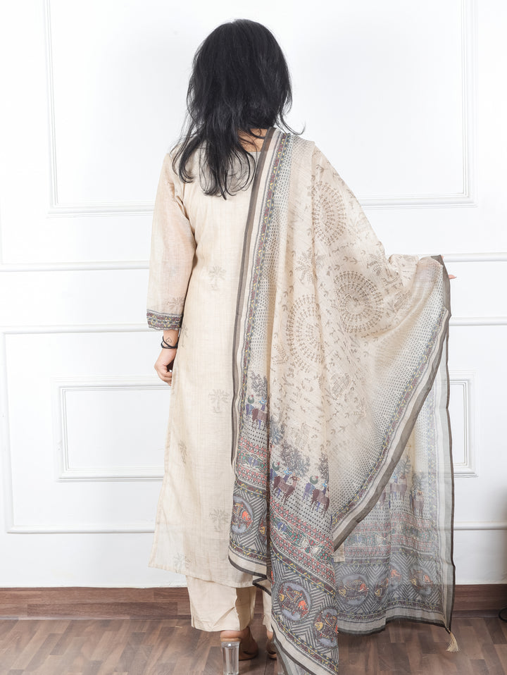 Kavish Sand Beige Kolkata Hand Kantha work Madhubani Printed Chanderi 3 Piece Set