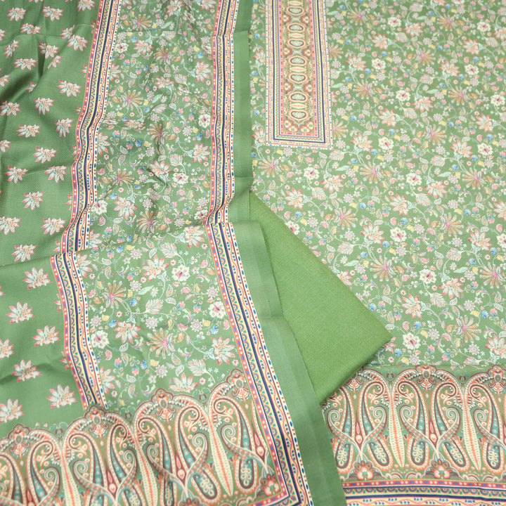 Kashmira Leaf Green Digital Floral Printed Semi Pashmina Winter Set