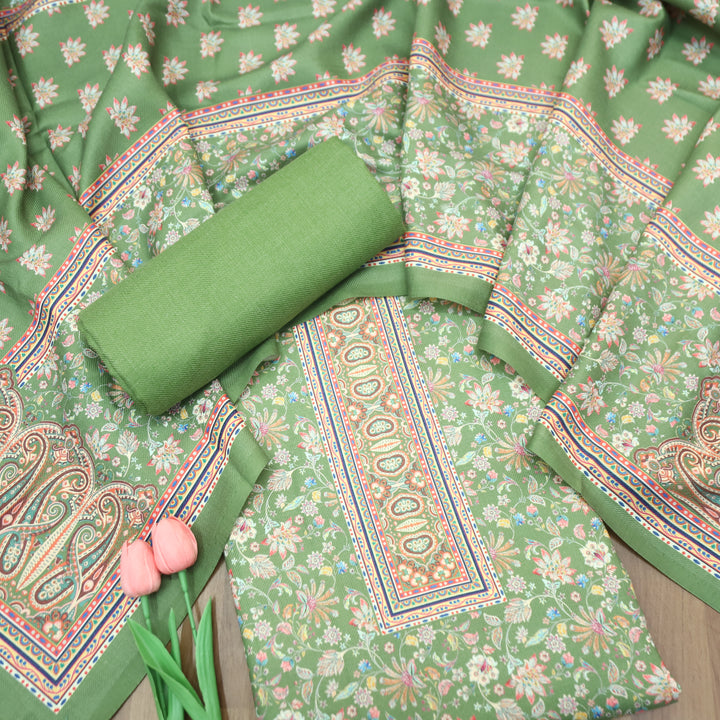Kashmira Leaf Green Digital Floral Printed Semi Pashmina Winter Set