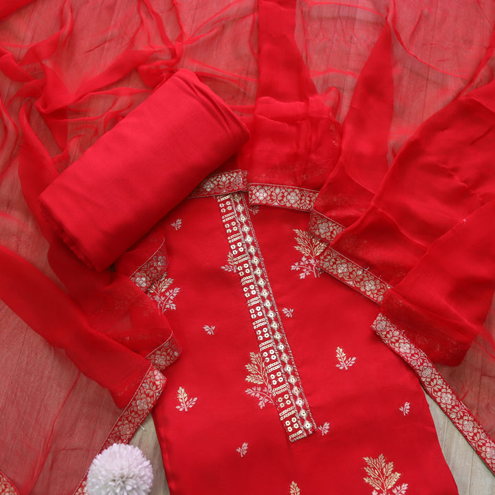 Hassmuk Bride Red All Over Embellished Work Dola Silk Suit Set