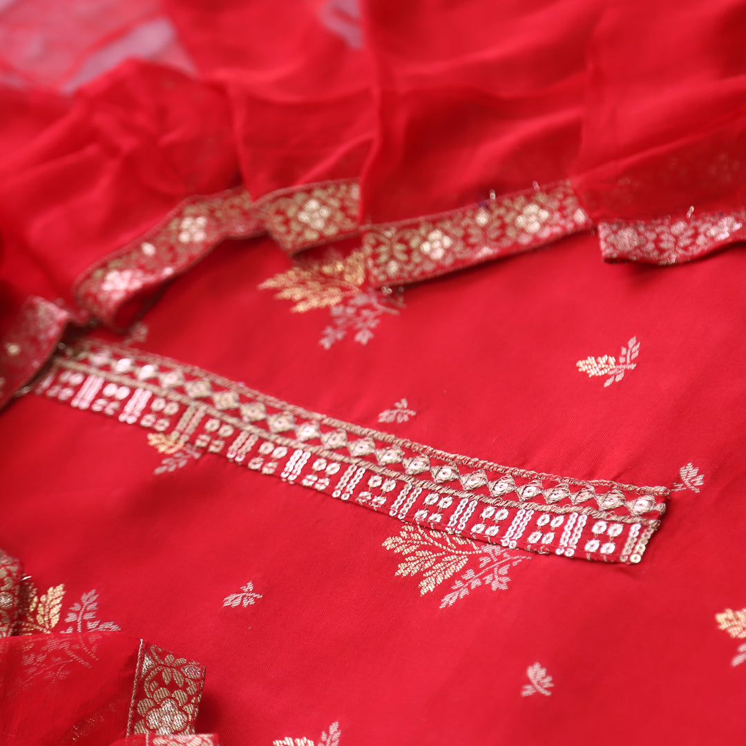 Hassmuk Bride Red All Over Embellished Work Dola Silk Suit Set